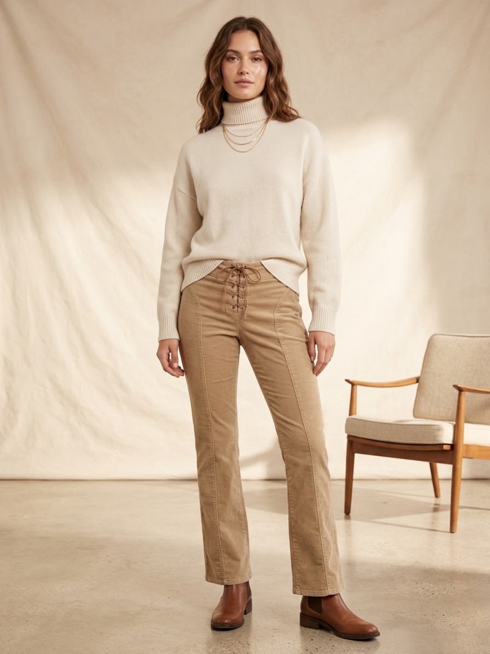REACTION Kenneth Cole Vintage Lace-Up Corduroy Flare Pants – Tan (Size 10)